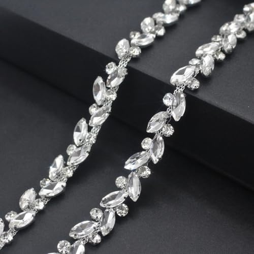 PEARLY JUN 91 Cm Silber Strassband Zum Aufnähen Strasssteine | Glitzerband Nähen Leder Schuhe Tassel Chain DIY Blumenstrauß Dekoration Kleidung Hochzeit Kopfbedeckung