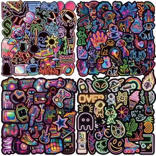 Aithney 200-Pack Neon Vinyl Stickers – Aesthetic Waterproof Decals for Laptops, Bottles, Notebooks, and More – Y2K/Vaporwave Designs for All Ages