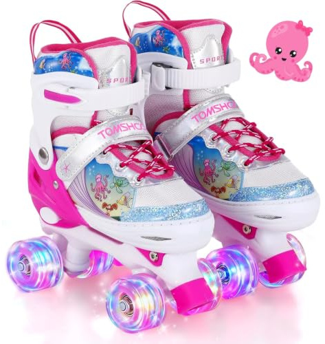 TOMSHOO Patin a Roulette Enfant, Roller Enfant Fille Réglables 4 Tailles avec Roues LED Lumineuses, Confortables et Respirants, Rollers Quad Stables pour Débutantes, Idéal Cadeau pour Loisirs