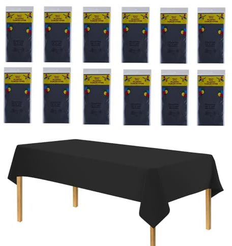 CEILIWEN 12-Pack Black Plastic Table Cover – 274 x 137cm Rectangular Tablecloth, Solid Color Party Tablecloths, Ideal for Party, Wedding, Catering & Buffets