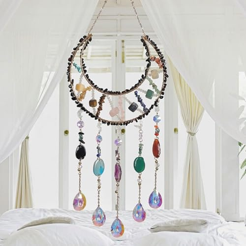 Moon Crystals Traumfänger, Baum des Lebens, natürlicher Edelstein, Achat, Wandbehang für Fenster, Garten, Heimdekoration (schwarzer Mondstil)