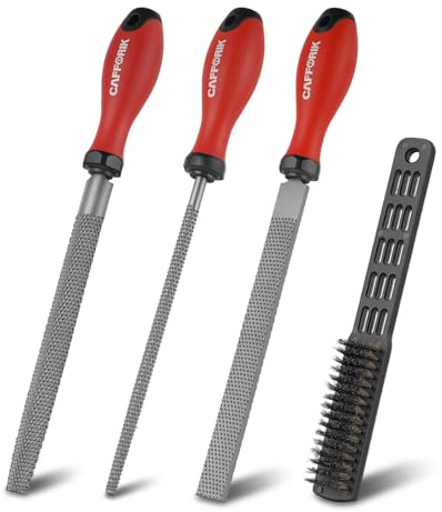 CAFFORIK 4PCS Wood Rasp File Set, 8-Inch, High-strength carbon steel, Flat/Half-round/Round Wood file with Handle, Wire Brush, For Woodworking
