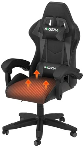 bigzzia Gaming Stuhl mit Beheiztem Sitzkissen, Ergonomische Gaming Stühle mit Kissen und Lendenwirbelstütze, Rennstil Höhenverstellbarer Büro Stuhl für Erwachsene (Heizfunktion, Schwarz)