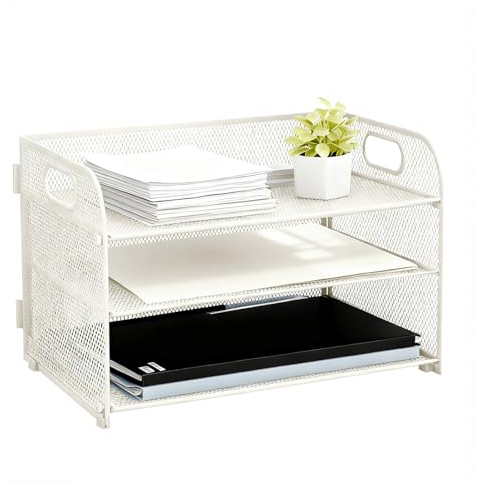 3 Tier Paper Organiser with Handle, Mesh Desk Organiser Letter Tray | Paper Tray Organizer for A4, for Desk Office Home A4 File Document Storage (White)