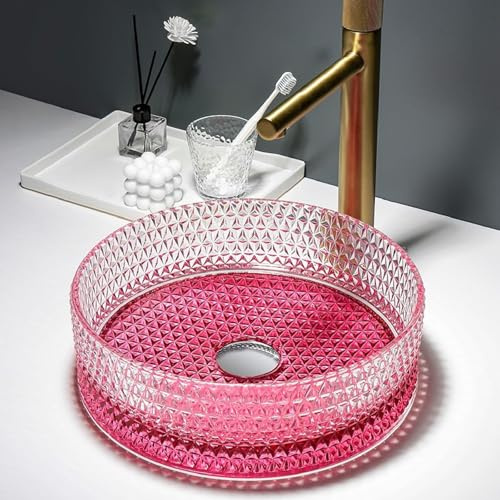 Lavandino rotondo in cristallo rosa – Lavabo sopra il bancone temperato trasparente per bagno, hotel, guardaroba, piccola ciotola decorativa
