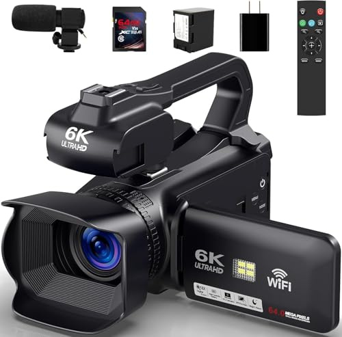 OPRKQEE 6K 64MP Camcorder Video Camera 18X Digital Zoom IR Night Vision Vlogging Camera for YouTube 4.0 Inch Touch Screen Video Camera with WiFi, Microphone, Remote Control, 64GB SD Card,Stabilizer
