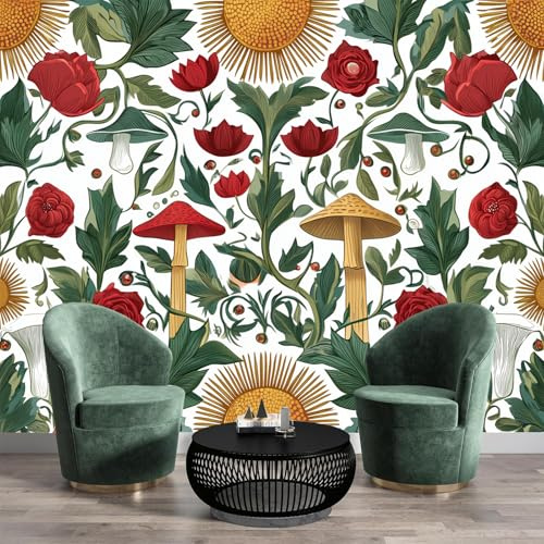 Fototapete Premium-Seide Jugendstil 200 x 140cm - Fototapete Schlafzimmer Wohnzimmer Rot Grün Tapete Xxl Wandtapete Motivtapeten 3D Effekt Wandbilder - Pilze Blumen