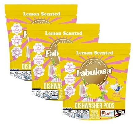 Fabulosa 3-in-1 Dishwasher Tablets, Lemon Scented Powerful Cleaning Tablets, Dishwasher Pods, Rinse Aid Action, Tough on Grease and Grime, 90 Washing Tabs, 3 Pack, Lemon