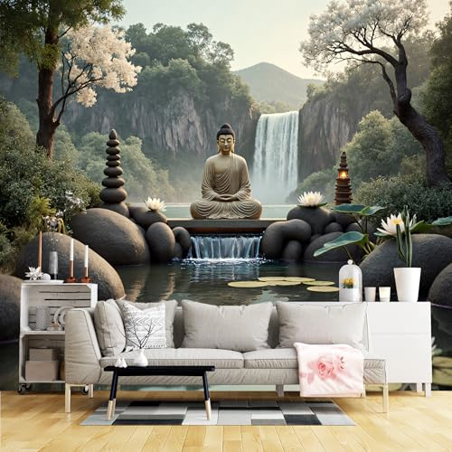 Custom Size Wall Murals,Serene Golden Buddha Statue Meditation Self-Adhesive Wall Fabric (NO PVC) Removable Large Photo Wallpaper for Living Room, Bedroom, Office