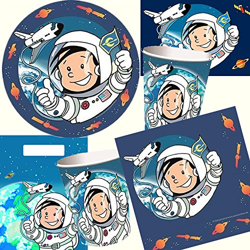 104-teiliges Party-Set * ASTRONAUT FLO * für Kindergeburtstag mit 8 Kinder: Teller, Becher, Servietten, Einladungen, Partytüten, Ballons u.v.m. | Kinder Geburtstag Deko Mottoparty Motto Alien Ufo