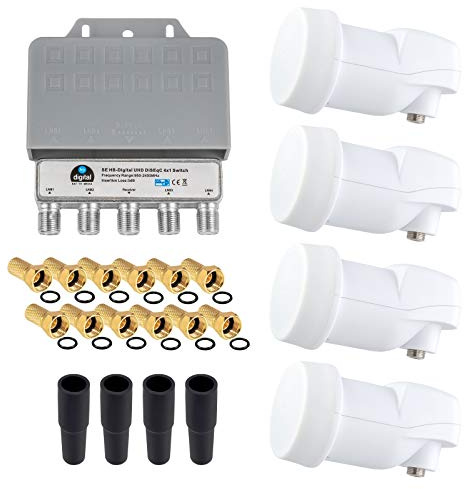HB-DIGITAL LNB-DiSEqC Set: 4 Satelliten SAT, 1 Teilnehmer; 4X Single LNB + 1x 4/1 Diseqc mit Wetterschutzgehäuse, Full HD 3D 4K UHD geeignet + 12x F-Stecker Vergoldet + 4X Gummitülle