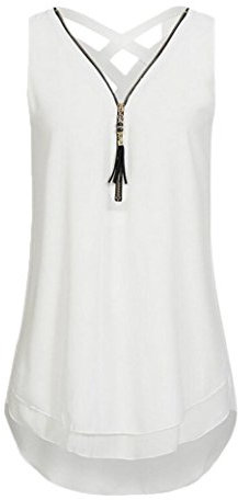 MRULIC Neue Frauen lose Chiffon Tank Top Kreuz zurück Saum gelegt Reißverschluss T-Shirts Tops(Weiß,EU-42/CN-XL)
