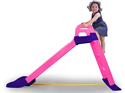 JAMARA 460503 - Toboggan Funny Slide - en Plastique Robuste - Bec antidérapant pour atterrissage en Douceur - Marches Larges et poignées de sécurité - Corde de stabilisation - Rose