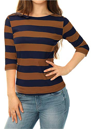 Allegra K Women's Elbow Sleeves Top Casual Boat Neck Slim Fit Stripe T-Shirt Brown Navy 12