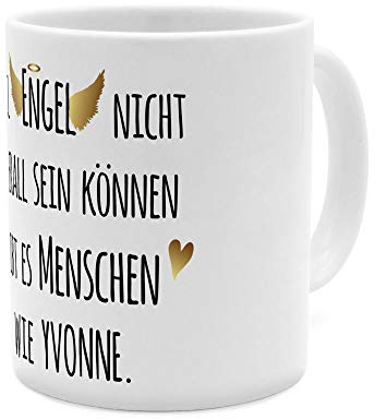 printplanet Tasse mit Namen Yvonne - Motiv Engel überall - Namenstasse, Kaffeebecher, Mug, Becher, Kaffeetasse - Farbe Weiß