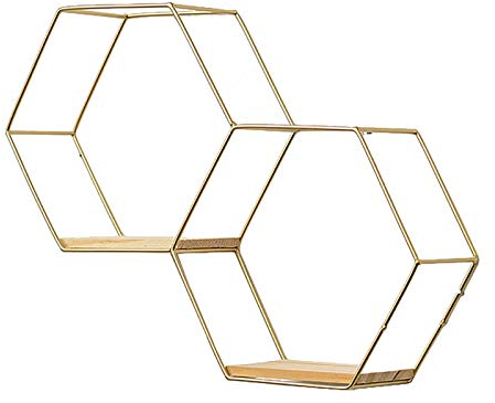 SWECOMZE Wandregal aus Metall, Schweberegal Küchenregal, Gold Holz Dekorativ Schwimmregal Hängeregal Wand Deko für Schlafzimmer Wohnzimmer Flur Büro (2-Geneigt-Gold)