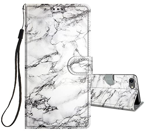 HopMore Flip Case for iPhone SE 2020 / 2022 5G 7 8 Phone Protective Wallet Girls Women Boys PU Kickstand Card Slot Holder Silicone Shockproof Cover - White marble