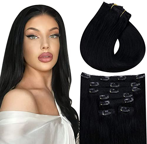 Vivien Schwarz Echthaar Extensions Clip Schwarz 60 cm Clip Echthaar Extensions Tiefschwarz Haarverlängerungen Lang 135g 7Pcs