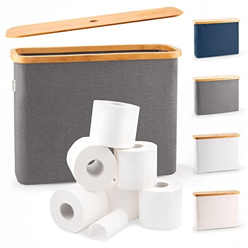 LONBET Rangement Papier Toilette pour 12 Rouleaux - Range Papier Toilette Pliable et Empilable avec Couvercle en Bambou - Organisateur de Salle de Bain Étanche et Élégant - Panier Papier WC Gris