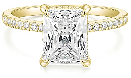 Titaniumcentral Verlobungsring Damen Gold Silber Ringe mit Zirkonia 4CT Radiantenschnitt Trauringe Versprechen Ring für Frauen (Gelbgold,46 (14.6))