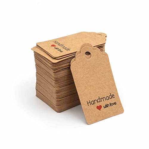 Vintageparts Etiketten mit Aufschrift Handmade with Love in braun 50x30mm 100 Stück | Messen | Veranstaltungen | Preisschild | Namensschild | Papier