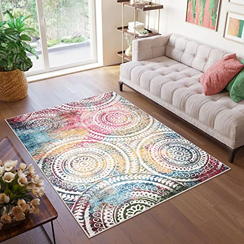 TAPISO Toscana Teppich Bedruckter Teppich Mehfarbig Bunt Runde Rosetten Vintage Waschbar rutschfest Wohnzimmer Schlafzimmer Büro Modern Design 80 x 150 cm