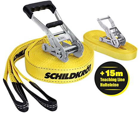 Schildkröt Slackline 15m, avec Ligne d'Enseignement pour Débutants, Ligne Robuste de 5 cm de Large pour Enfants et Adultes