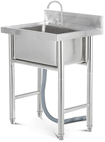 Fregadero independiente Fregadero cuadrado comercial, fregadero utilitario de estación de un solo seno de acero inoxidable 304 con escurridor y grifo para cocina, bar, restaurante, 50x50x90c