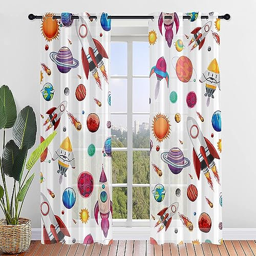 Hiseng 2 Pezzi Tende Voile Trasparente, Bambini Decorativi Sheer Tenda per Soggiorno Camera Cameretta Balcone Finestra e Interni,Semi Trasparente Tenda Leggera (140x275cm,Razzo)