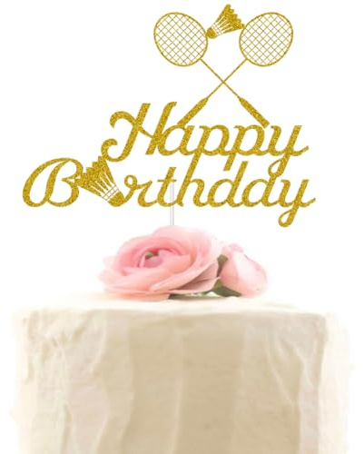 Badminton Happy Birthday Cake Topper Badminton Players Cake Decoration Sports Themed Birthday Party Supplies for Badminton Athletes and Lovers Gold Glitter