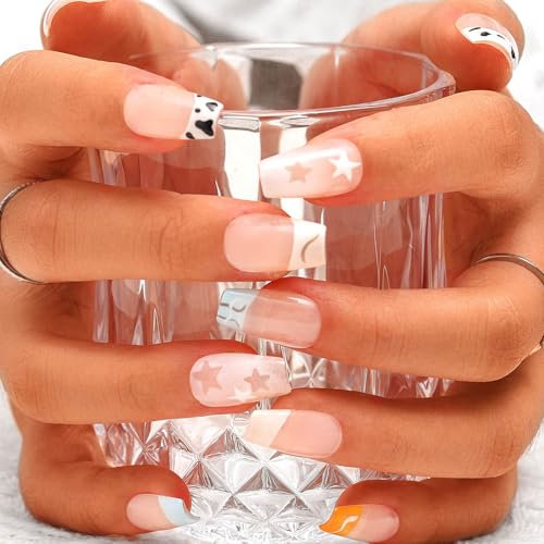 Sethexy Short Coffin Handmade False Nails - French Tip, Zebra Design, Star Press on Nails Women Salon Stick on Nails 10PCS