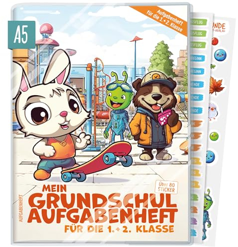 Hausaufgabenheft Grundschule A5 für die 1. + 2. Klasse ohne Datum mit Hülle, Stickern, Lern- und Denkspielen Schulstarter - nachhaltig & klimafreundlich