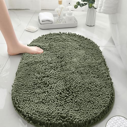 Mateju Chenille Badezimmerteppich Oval Weich Badteppich rutschfest Badematte Badvorleger Saugfähige Maschinenwaschbare für Dusche Badewanne Toilette (40x60CM,Olivgrün)