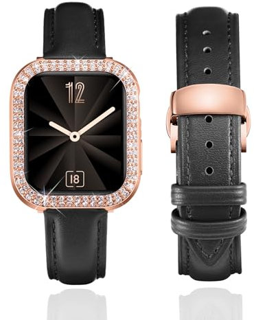 BINLUN Leather Strap Compatible with Apple Watch 45mm 44mm 41mm 40mm Women Leather Band with Glitter Diamond Rhinestone Case Compatible with iWatch Series 9/8/7/SE2/SE/6/5/4(41mm,Black)