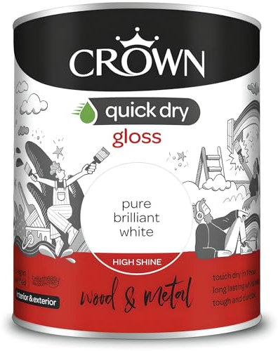 AMK® Crown Quick Dry Gloss Paint 750ml Pure Brilliant White Water Based Interior Wood Metal Finish Low Odour Non Yellowing Durable Wipeable High Sheen Trim Skirting Doors Frames