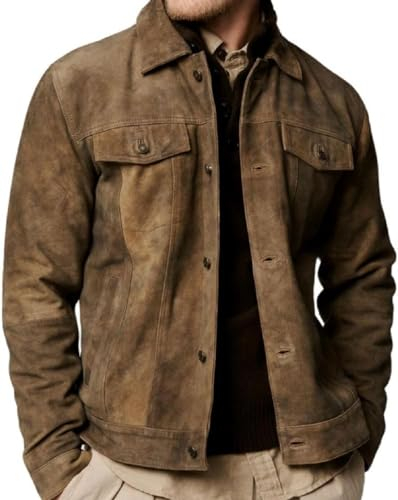 Hochwertige Vintage-Trucker-Wildlederjacke für Herren, echtes Lammfell, Herren-Lederjacken, Hemdkragen, Jacken für Herren, Khaki-Wildleder, 3XL