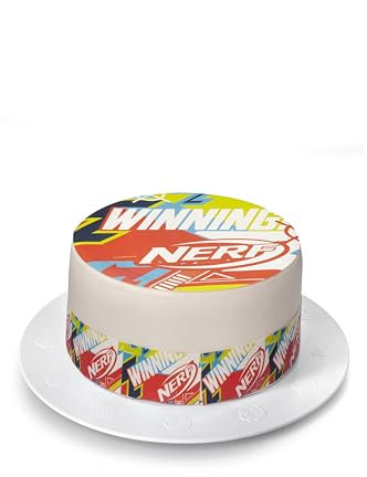 Kardasis Nerf Zuckerpapier Tortenaufleger | Essbarer Aufleger für Torten und Kuchen | Tortendekoration für den Nerf Themengeburtstag | 20 cm rund Zuckerpapier + 4 Bänder 28x4 cm