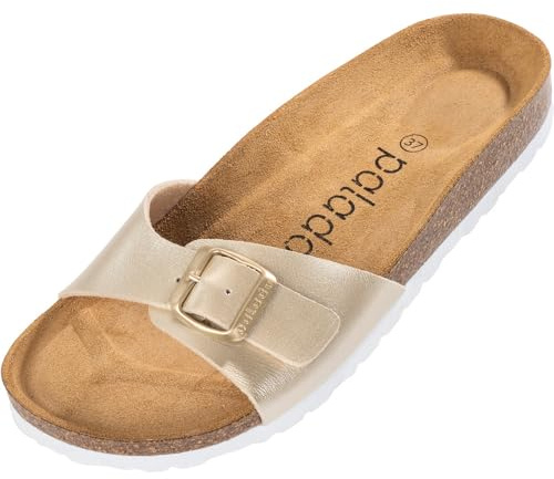 Palado Pantoletten Damen Malta Metallic – Sandalen Made in Spain - elegante Hausschuhe mit Kork-Fußbett - modische Sommerschuhe Gold/Weiß UK9,5 - EU43