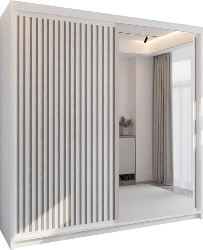 MN Furniture Roni Wide Wardrobe with Hanging Rails, Shelves and Drawers, Freestanding Closet Cabinet and Wardrobe with Sliding Mirror Doors for Bedroom (White, 150cm)