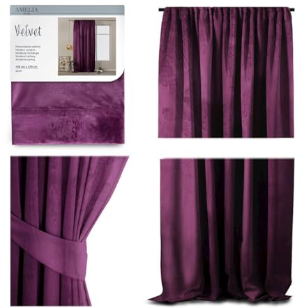 AmeliaHome Set Vorhang H 270 x B 140 cm mit Raffhalter 54 x 10 cm Velvet Optik Violett 1 St. Kräuselband Wellenband Samt Halbverdunkelungsvorhang Fensterdekoration Dekoschal Dekorvorhang