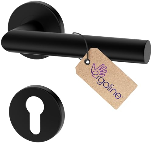 ERGO line LUCA Poignée de porte d'intérieur, noire, pour portes équipées d'une serrure à cylindre, paire de poignées de porte sur rosaces rondes, noire mate, garnitures de porte, poignée