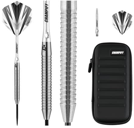Champify® 90% Tungsten Darts Set “Blizzard” mit 23g Barrel und schwarzer Darttasche| 3 Steeldarts mit 9 Alu-Schäften & 9 Flights | Dart Set mit Zubehör | Dartpfeile mit Metallspitze