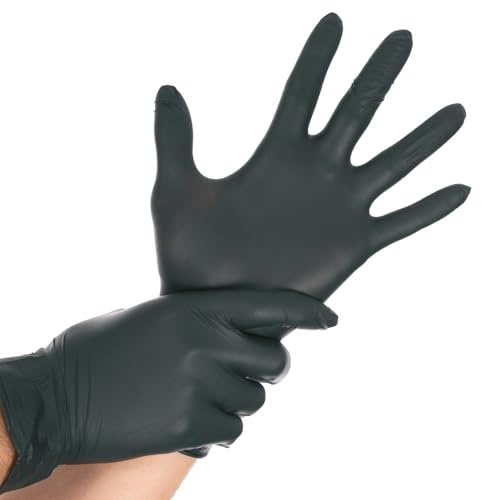 FRANZ MENSCH 250 Stück Nitrilhandschuhe, L, schwarz, puderfrei | Allfood Safe, latexfrei, lebensmittelsicher, Einmalhandschuhe, disposable gloves, Lebensmittelverarbeitung, Hygiene