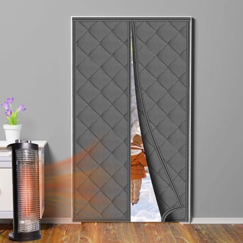 Peryiter Magnetic Thermal Insulated Door Curtain Fit Door 36'' X 82'' Oxford Waterproof Filled with Thicken Cotton, Windproof Door Insulation Cover for Winter/French/Patio/Sliding Glass Doors, Gray