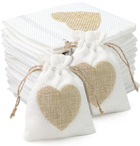 WEFINEST 30 Stück Jutesäckchen Mit Kordelzug, 8 × 10cm Stoffbeutel Mit Kordelzug, Kleine Säckchen Mit Herz, Kleine Säckchen Zum Befüllen, Geschenktasche Mit Kordelzug Für Geburtstag Hochzeit