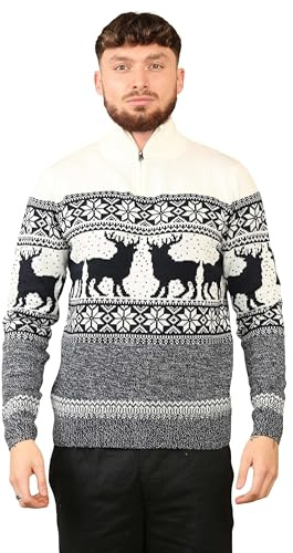 kraftd Mens Christmas Jumpers with Quarter Zip Funnel Neck Acrylic Xmas Jumper | Knitted Sweatshirt | Fair Isle Sweaters | Novelty Sweatshirts Ecru