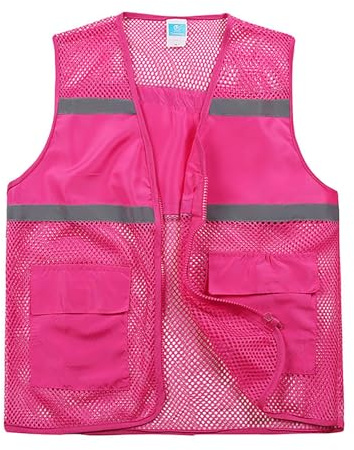 Vhersily Rosa Sicherheitsweste Hohe Sichtbarkeit Sicherheitsweste mit Taschen und Reißverschluss, Hi Vis Weste Reflektierende Jacke für Frauen Erwachsene, Jacke Hohe Sichtbarkeit Arbeit, Hot Pink, M