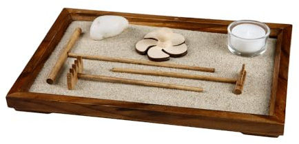 Loveria Zen Garten Schreibtisch, Braun | 28x19cm | Set mit Sand, Teekerzen-Glas, Stempel, Kurzhake, Schieber, Dekostein, Tablett | Mini-Zen-Garten mit Zubehör