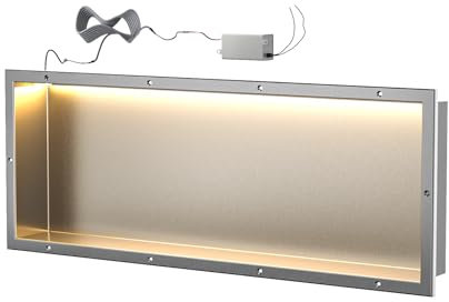 Bernkot Duschnische mit LED-Beleuchtung,Silber Edelstahlnische zum Fliesenlegen, 90 cm × 30 cm, eingebaute Duschregal-Einsatz, fertig zum Fliesenlegen für Badezimmer-Ablage