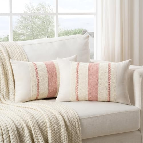 FDTERN 2er Set Boho Kissenbezug 30x50 Rosa,Dekorative Leinen Kissenbezüge Kissenhülle Dekokissenbezug Sofakissen Dekokissen Deko für Sofa Schlafzimmer Wohnzimmer